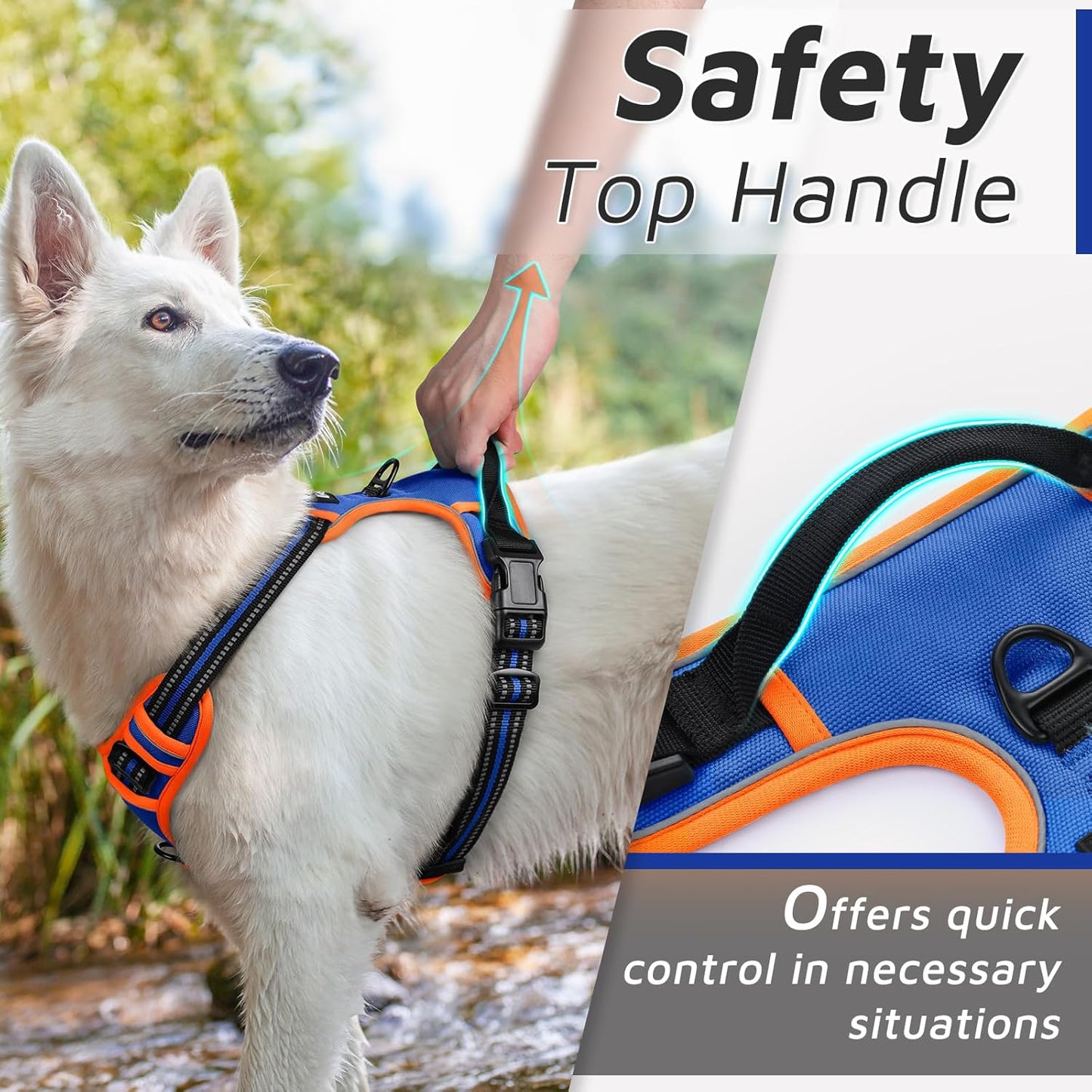 Eagloo Dog Harness for Large Dogs, No Pull Service Vest with Reflective Strips and Control Handle, Adjustable and Comfortable for Walking, No Choke Pet Harness with 2 Metal Rings, Blue & Orange, L