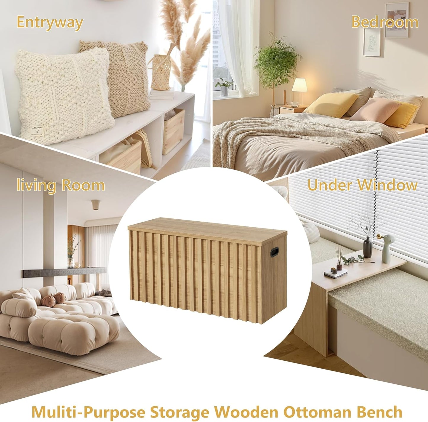 UEV Storage Bench Set of 2, 39.4" Wood Box, Storage Trunk with 2 Safety Hinges, Ottoman Storage Chest Set of 2, Fluted Storage Bench for Bedroom, Shoe Bench for Bedroom, Living Room (Natural Wood)