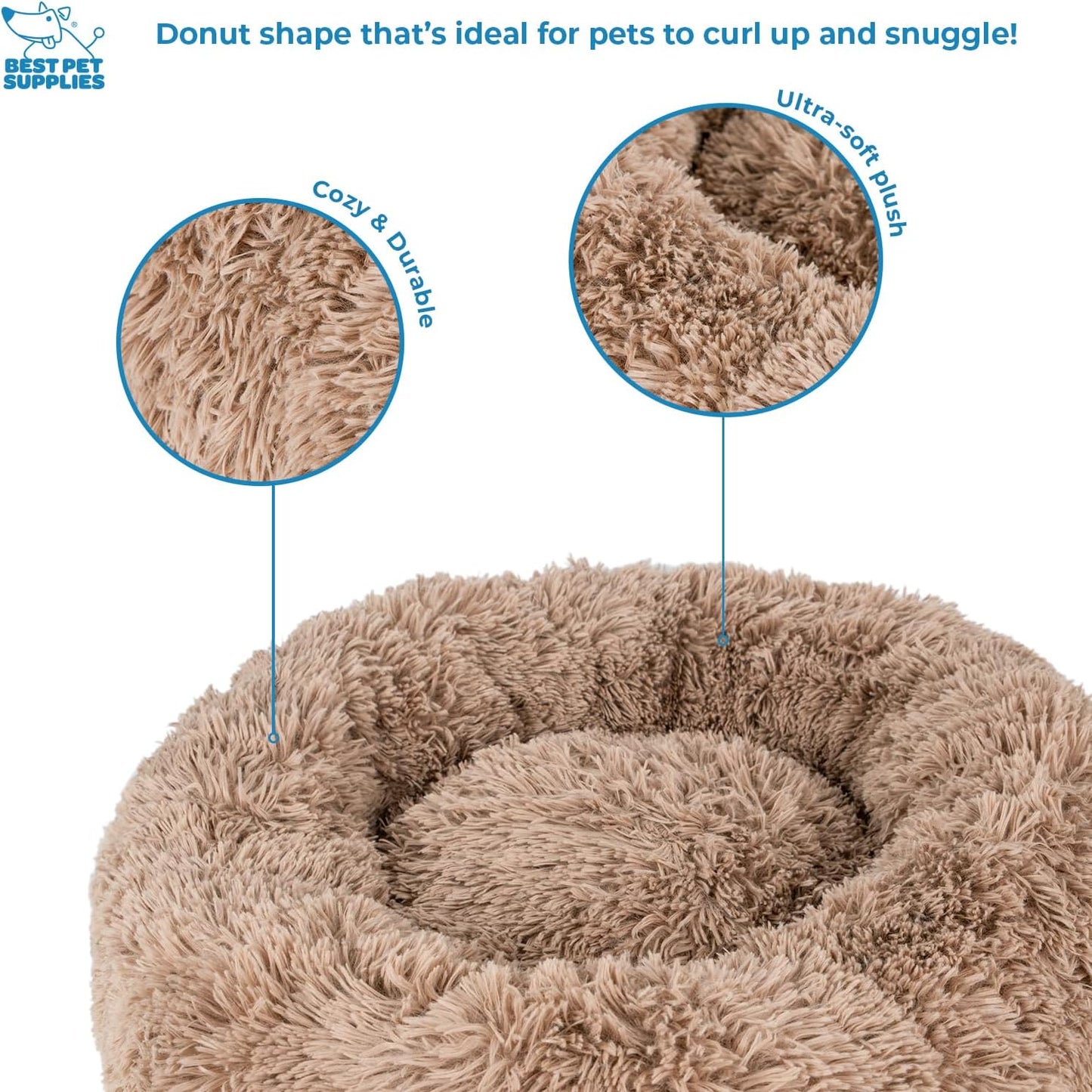 Best Pet Supplies Round Donut Dog Bed with Plush Faux Fur Fabric, Calming, Anti-Anxiety Cushion for Indoor Pets, Slip-Resistant Base, Soft Ergonomic Support - Caramel, 20x20x6''