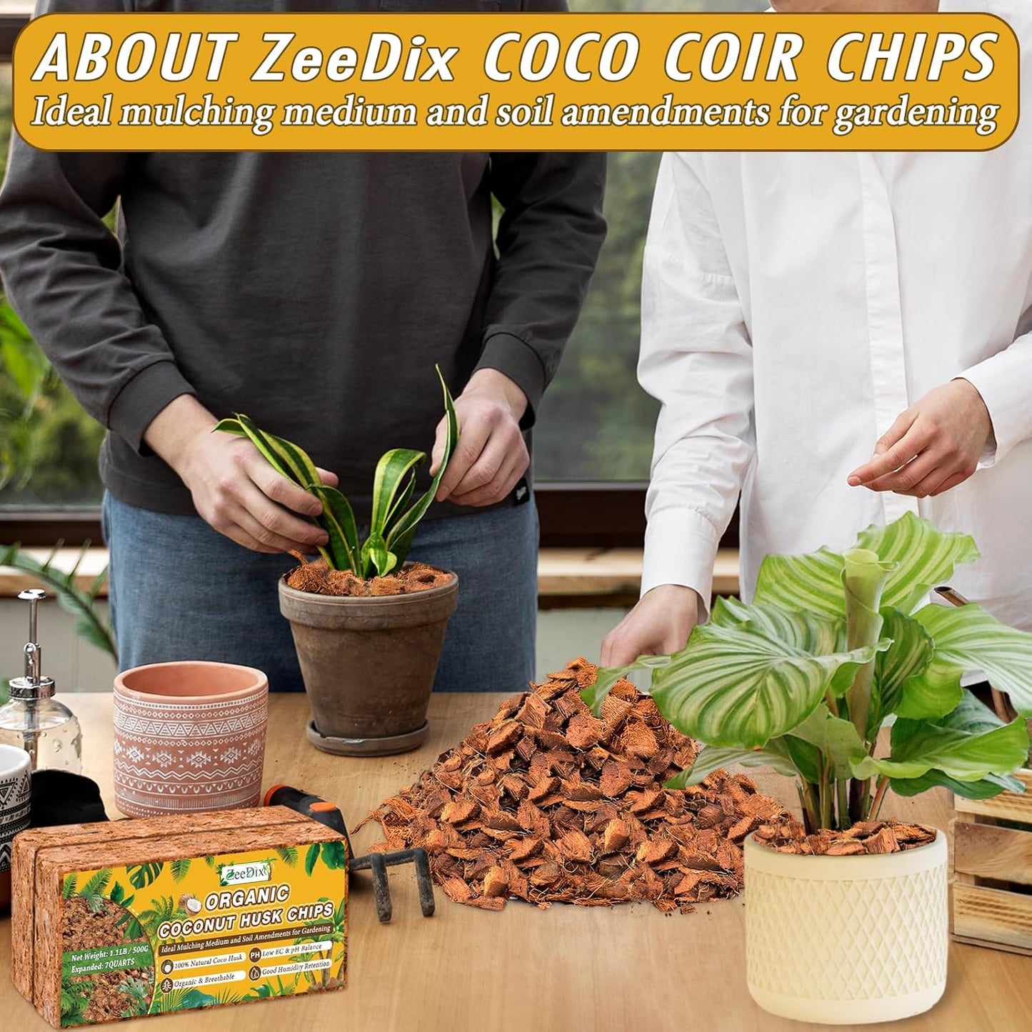 Zeedix 2 Pack Coco Husk Chips for Plants(2.2LB), 100% Organic Coconut Chips Mulch with Low EC & PH Balance, All Purpose for Indoor Plant Flowers Herbs Vegetables, Reptiles Terrarium Tanks Substrate