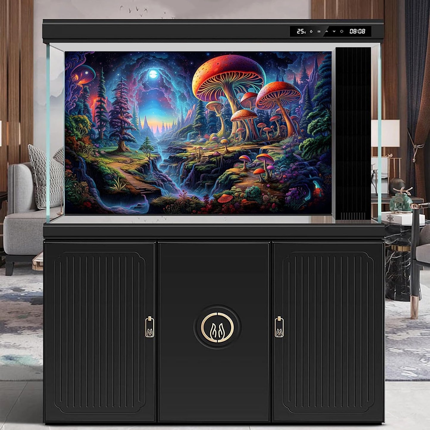 Forest Aquarium Background Fantastic Cartoon Forest Landscape with Mushrooms and Flowers Terrarium Background Fantasy Pine Tree Mysterious Mushroom Theme Fish Tank Backdrop Poster Decor 36x20in