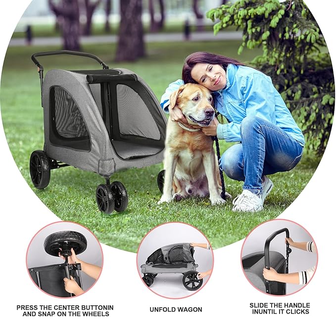 Large Dog Travel Stroller with 4 Heavy Duty Wheels Pet Stroller with Adjustable Handle - Double Doggie Capacity Jogger Wagon with Back Front Door for Small Medium Large Dogs (Dark Light Gray)