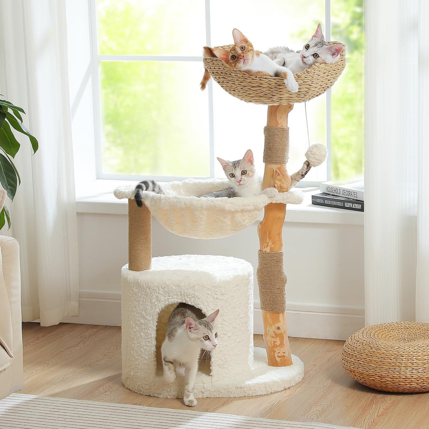 PAWZ Road Modern Cat Tree with Natural Solid Wood Scratching Post, 40 Inches Cat Tower with Spacious Wicker Basket,Large Hammock,Luxury Condo for Indoor Cats