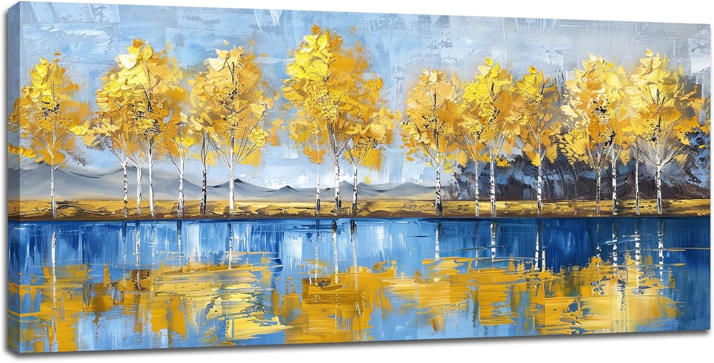 Large Tree Wall Art for Living Room Oil Painting Tree Yellow Big Space Size Lake Scenery Landscape Framed Canvas Prints Pictures Painting Modern Artwork Office Bedroom Home Decor 60"x30"
