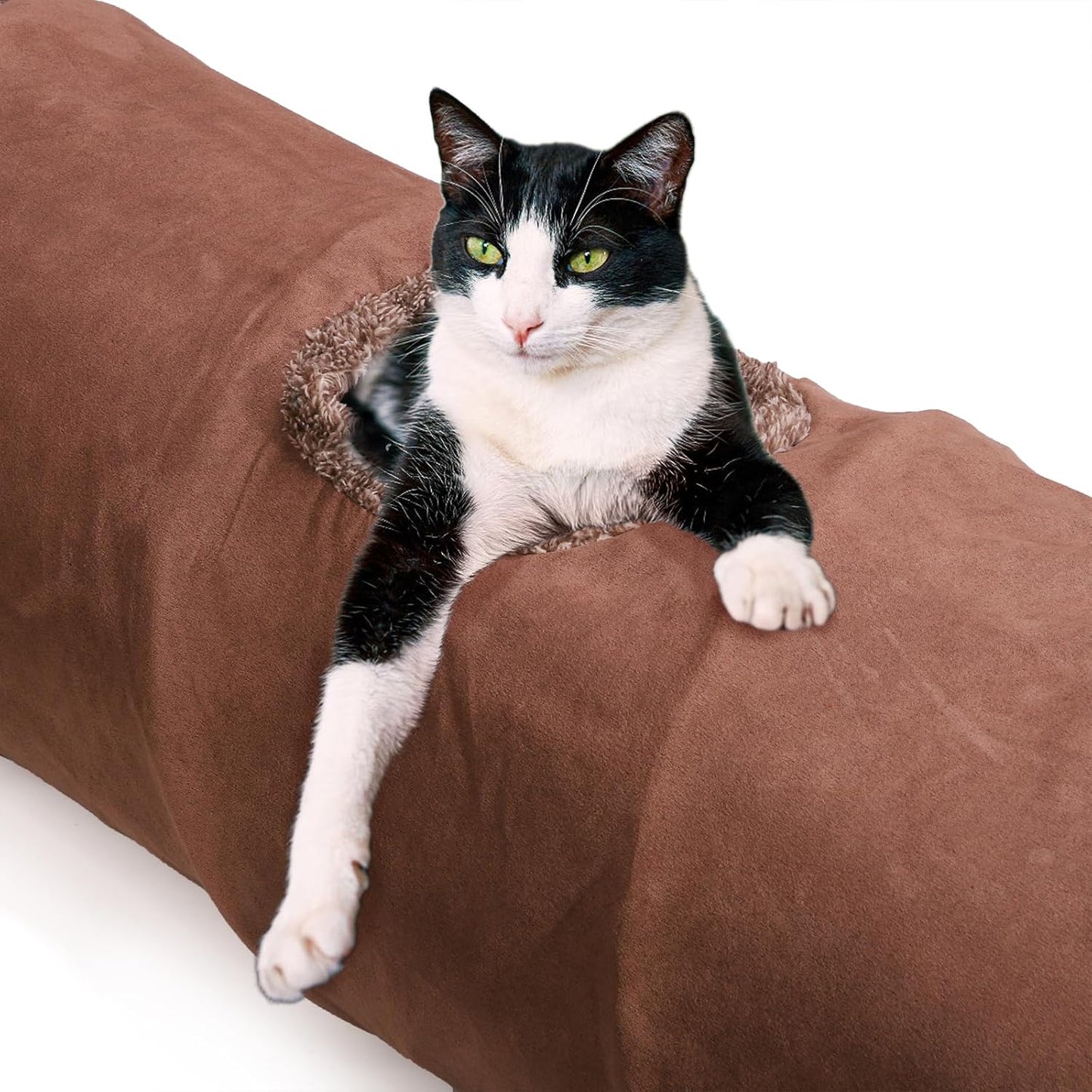 ZENFUN 51"x 12" Collasiple Cat Play Tunnel, Cats Tubes and Tunnels, Cat Foldable Hide and Seek Tunnel Toy, Brown Suede Pet Tube Toy for Rabbits, Ferrets, Puppy, Diameter 12 Inch