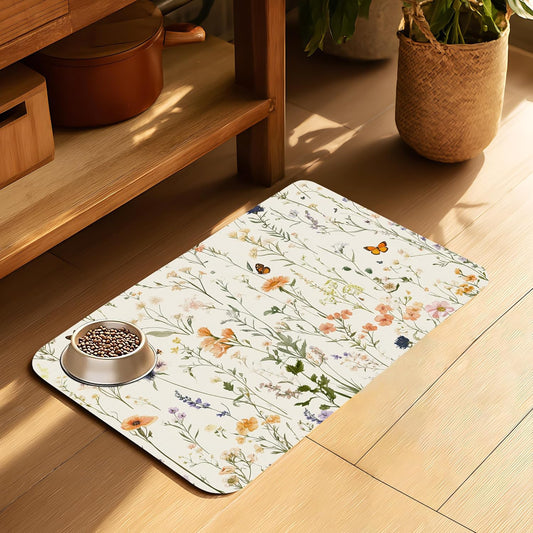 Vintage Wildflowers Herbs Pet Feeding Mat for Floors-Absorbent Dog Bowl Mat for Food and Water, Quick Dry Pet Cat Feeding Mats with Non Slip Bottom, Mess-Free Dog Accessories 12"x20"