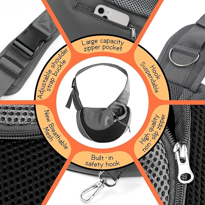 YUDODO Pet Sling Carrier for Small Dogs & Cats – Hands-Free Puppy Carrier with Safety Hook, Large Zipper Pocket, Soft Breathable Mesh, Adjustable Strap & Reflective Strip (Black 1.0 L)