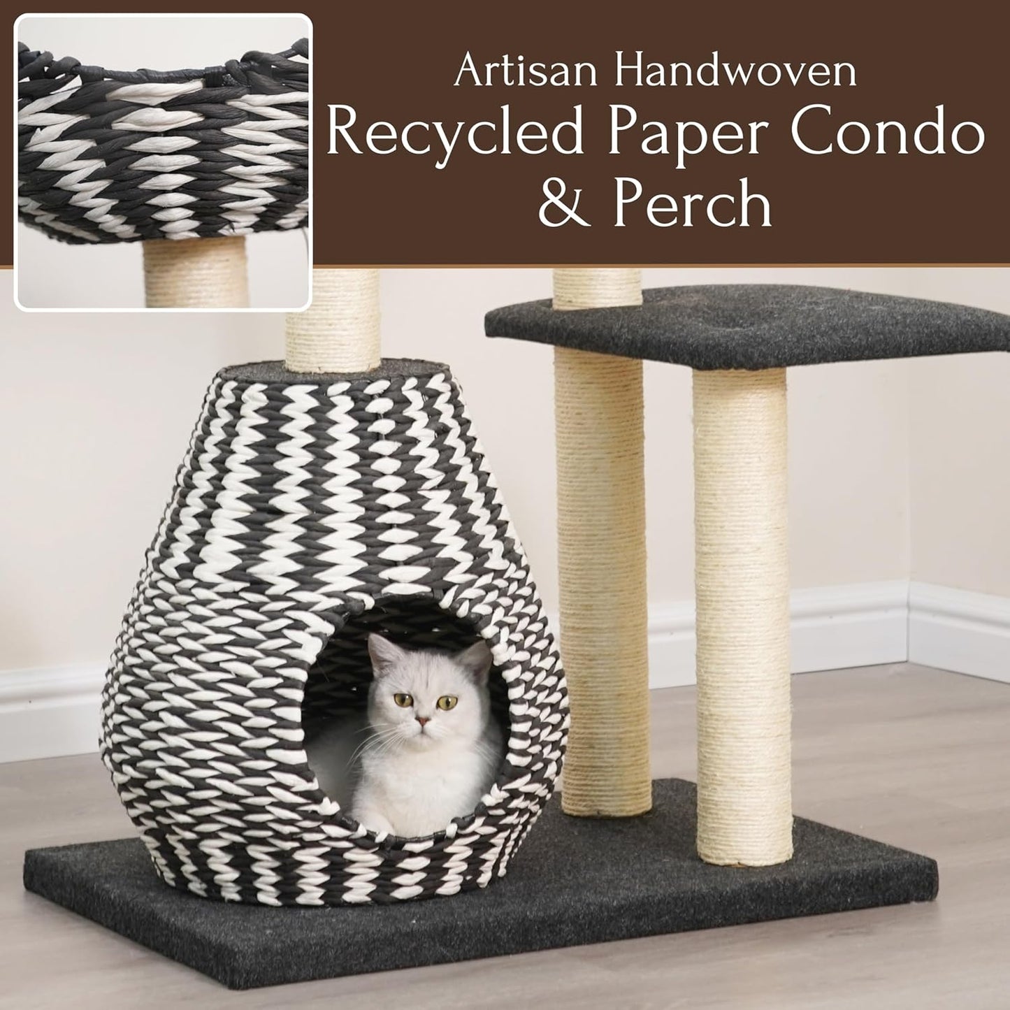 PetPals Ace 4-Level Multi-Activity Cat Tree with Handwoven Recycled Paper Rope Condo and Top Nest Bed, Replaceable Sisal Scratching Posts, Feather Teaser Toy, Black & White