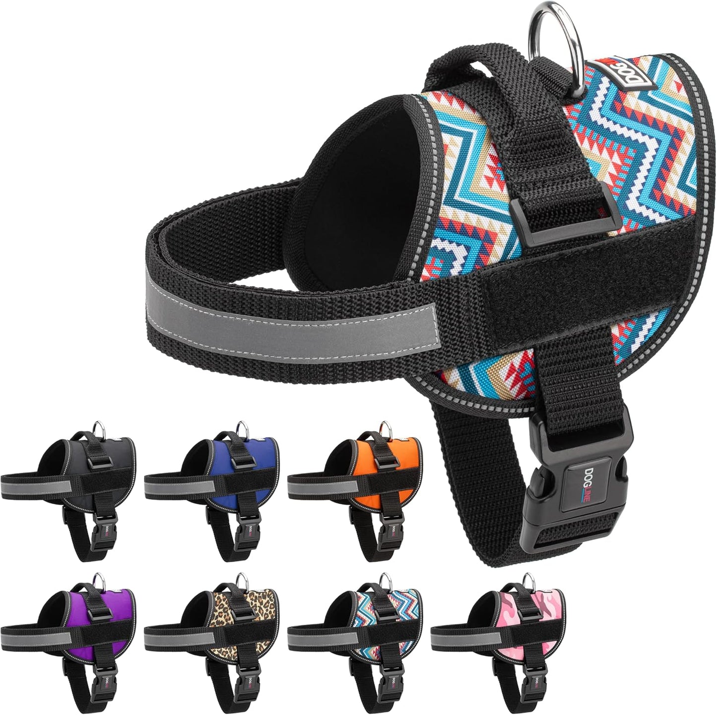 Dogline Dog Harness, Reflective No-Pull Adjustable Vest with Handle for Walking, Training, Breathable, No - Choke Harness for Small, Medium or Large Dogs Room for Patches Aztec Design 2 XL 33"-46"