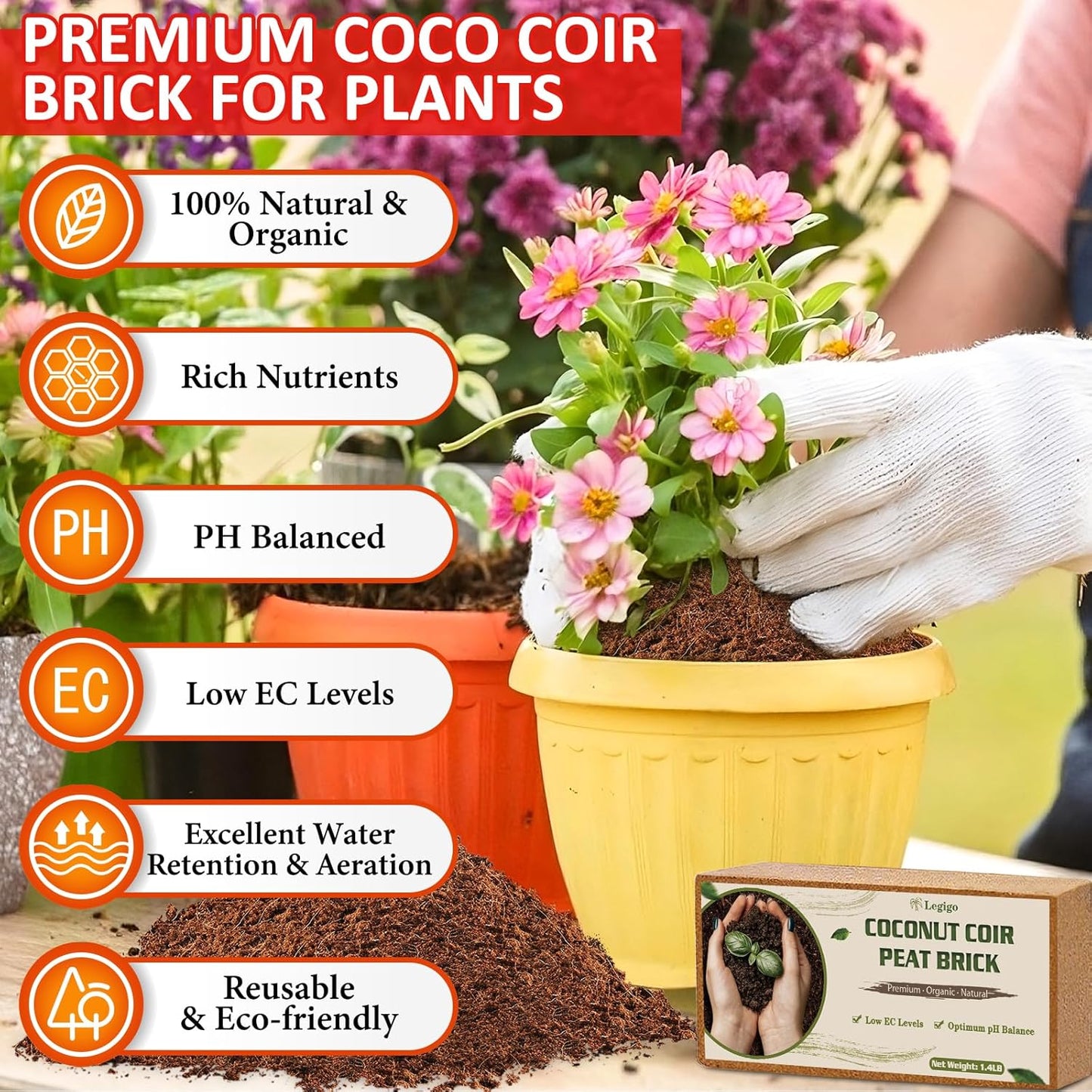 Legigo 8 Pack Coco Coir Bricks (11.2lb), 100% Organic Coconut Coir Fiber Potting Soil for Plants, Compressed Coco Peat Seed Starter, Coconut Husk Potting Mix for Indoor & Outdoor Plants, Gardening
