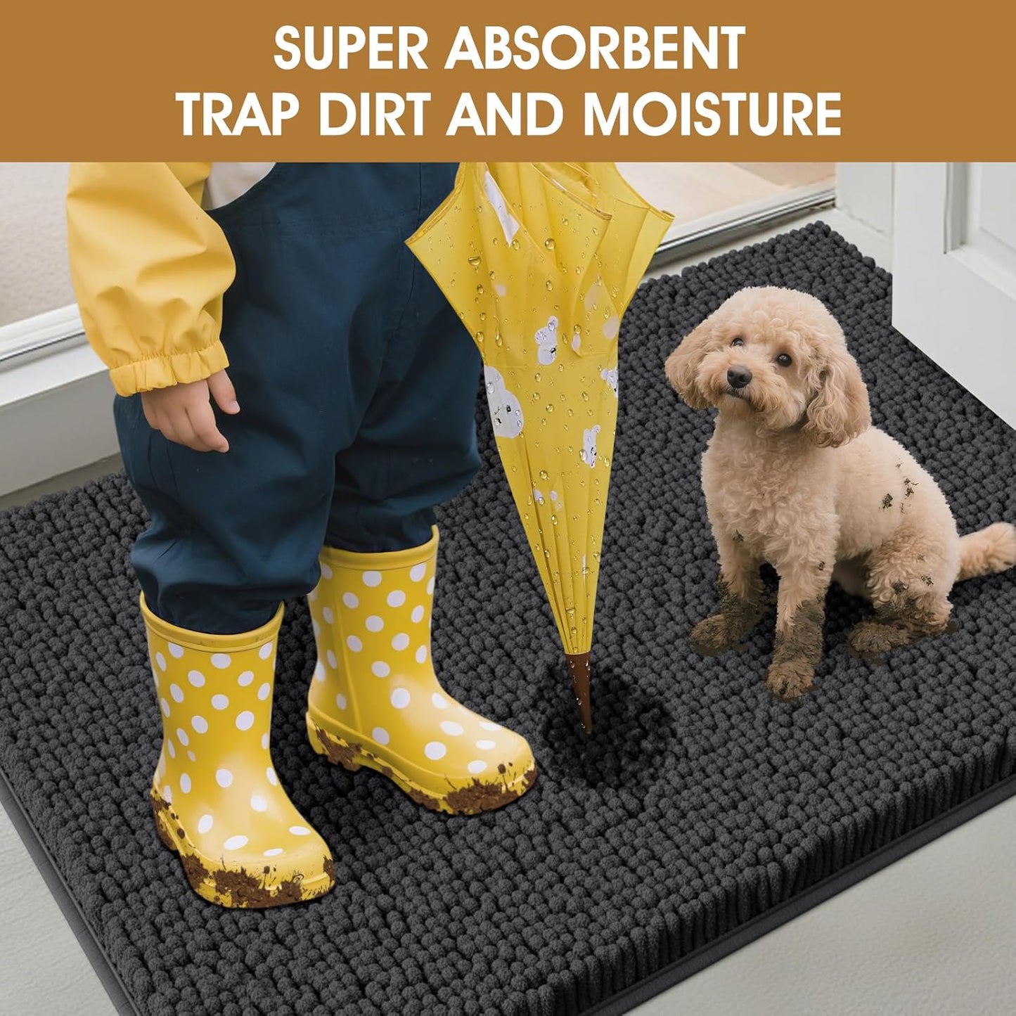 4 Pieces Muddy Door Mats for Dogs, Chenille Absorbent Pet Mats, Quick Dry, Trap Dirt Non Slip Heavy Indoor Doormat Soft Dog Bed Mat Front Inside Door Mat for Indoor Outdoor Entrance,Dark Grey