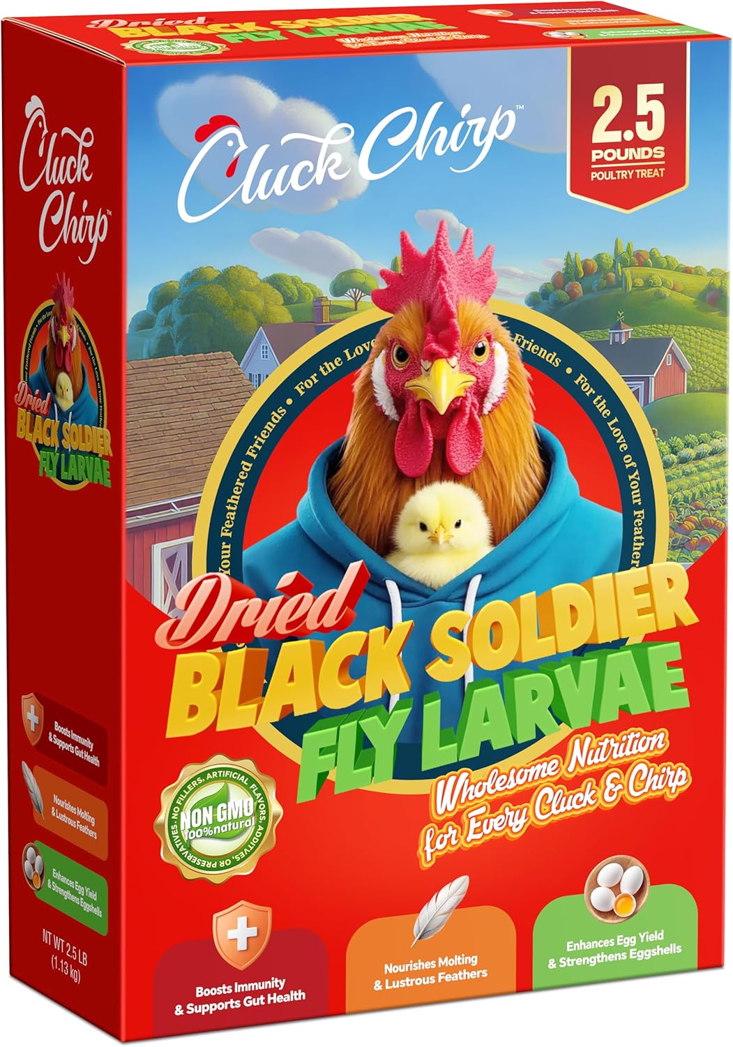 Dried Black Soldier Fly Larvae, Non-GMO, Natural Chicken Treats & High-Protein Poultry Snacks for Backyard Chickens, Laying Hens & Ducks, 2.5 lb Box