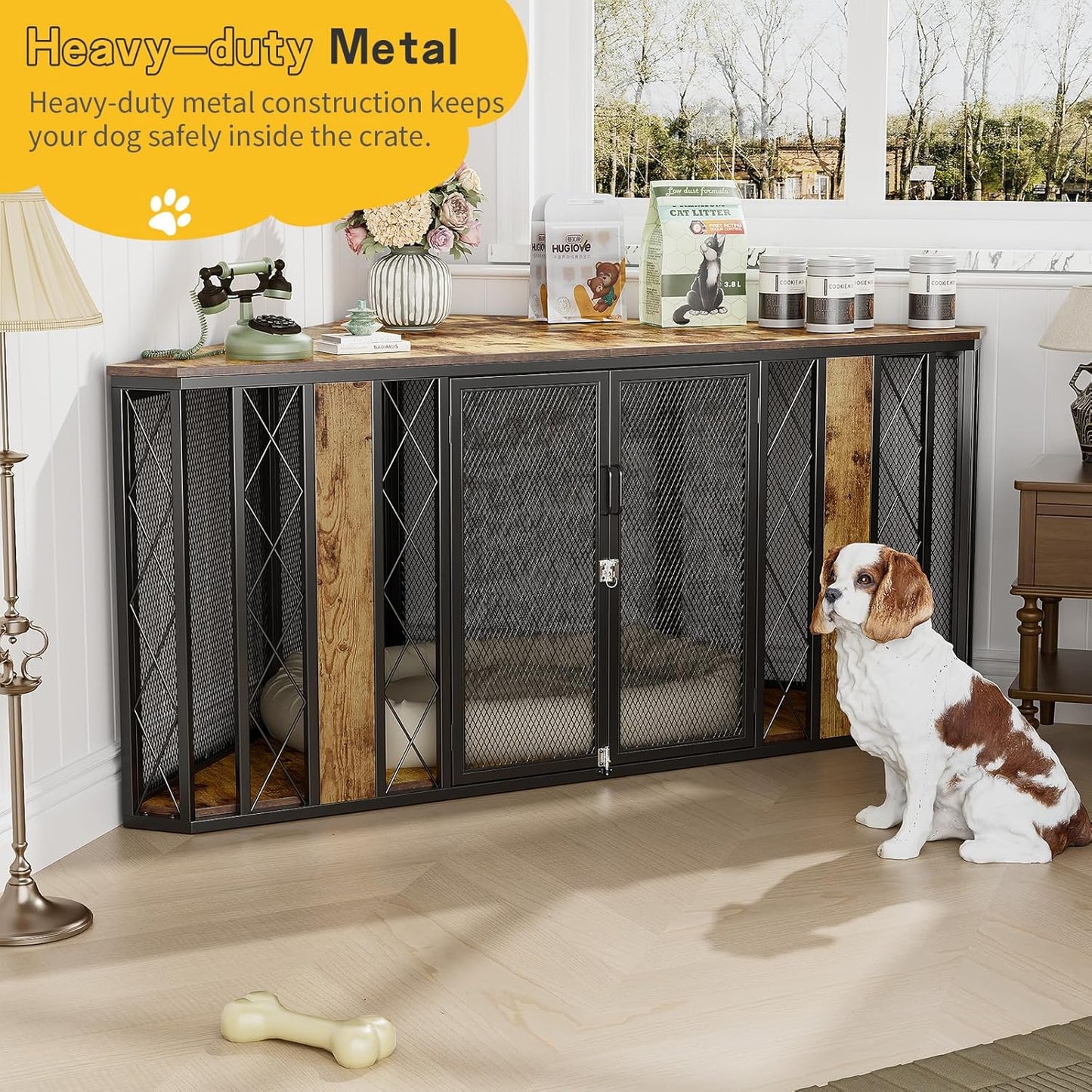 XL Corner Dog Crate Furniture, Decorative Dog Crates Dog Cage TV Stand with Diamond Metal Decoration, Wooden Dog Crate with Double Lock Design, Dog Crates Table, Retro Brown