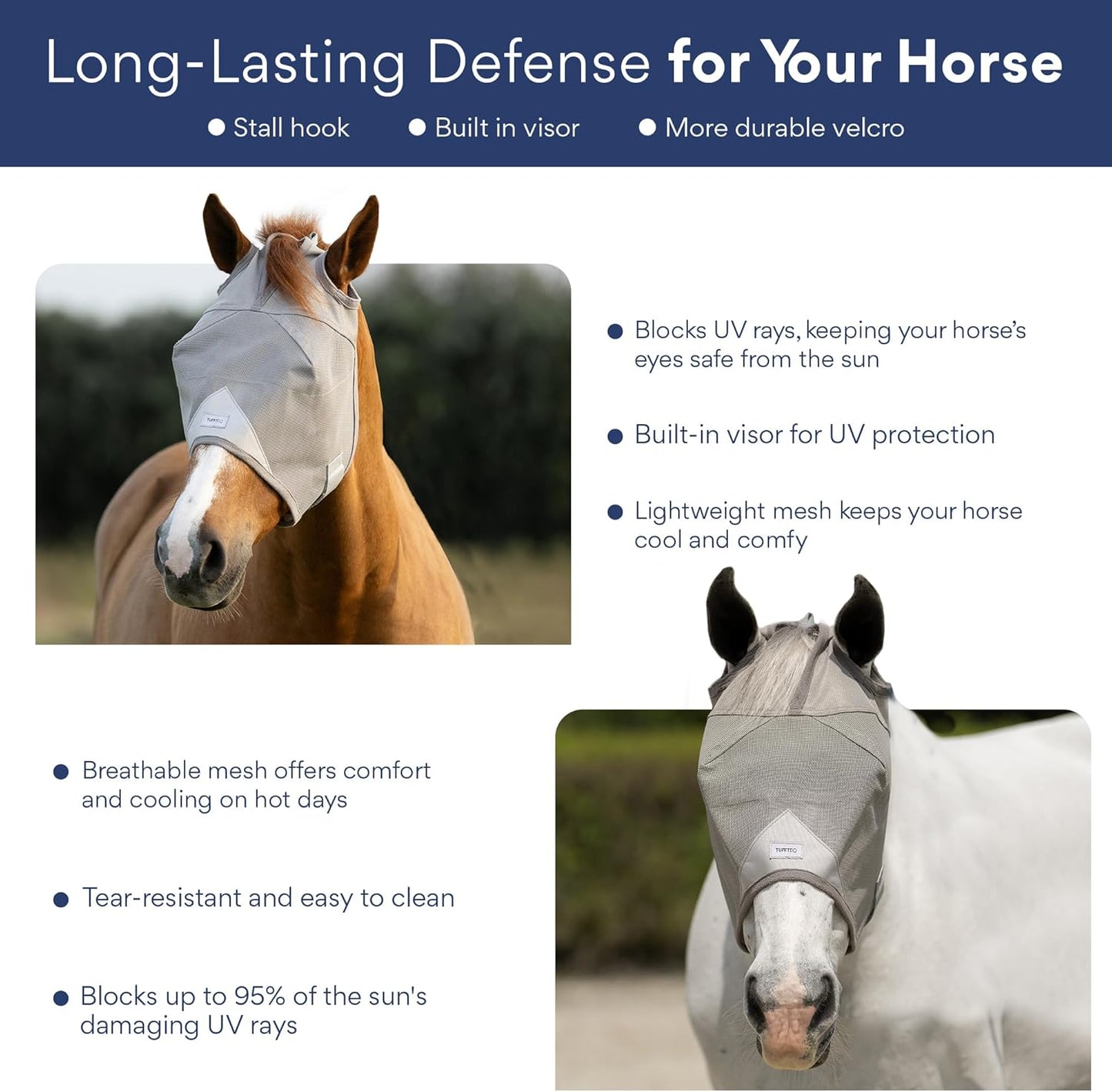 Plus-Size Horse Mask Without Ears | 95% UV Eye Protection | Built-in Visor | Breathable, Lightweight Mask | Adjustable Fit for Comfort Horse (Large Size)