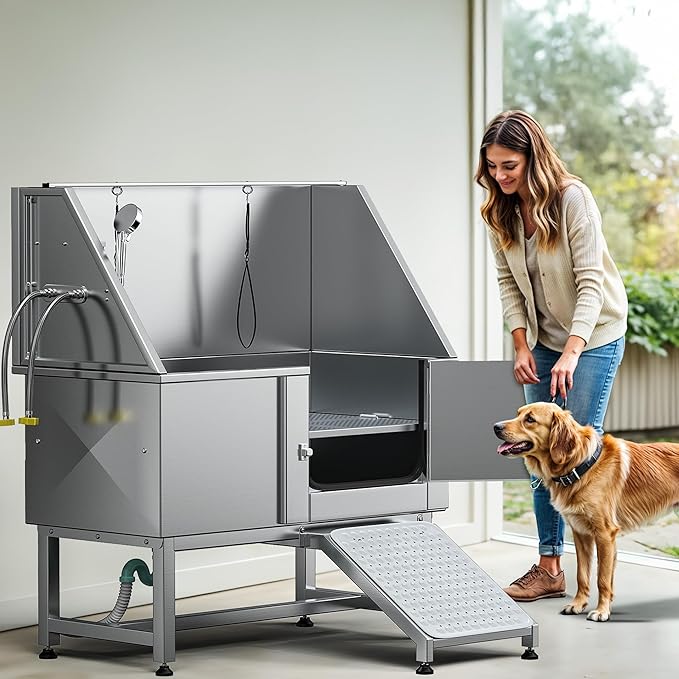 DWVO Professional Pet Dog Bathing Station for Grooming, 50'' Dog Grooming Bathtub with Right Ramp, Floor Grate, Faucet, Showerhead & Soap Holder for Large, Medium & Small Pets