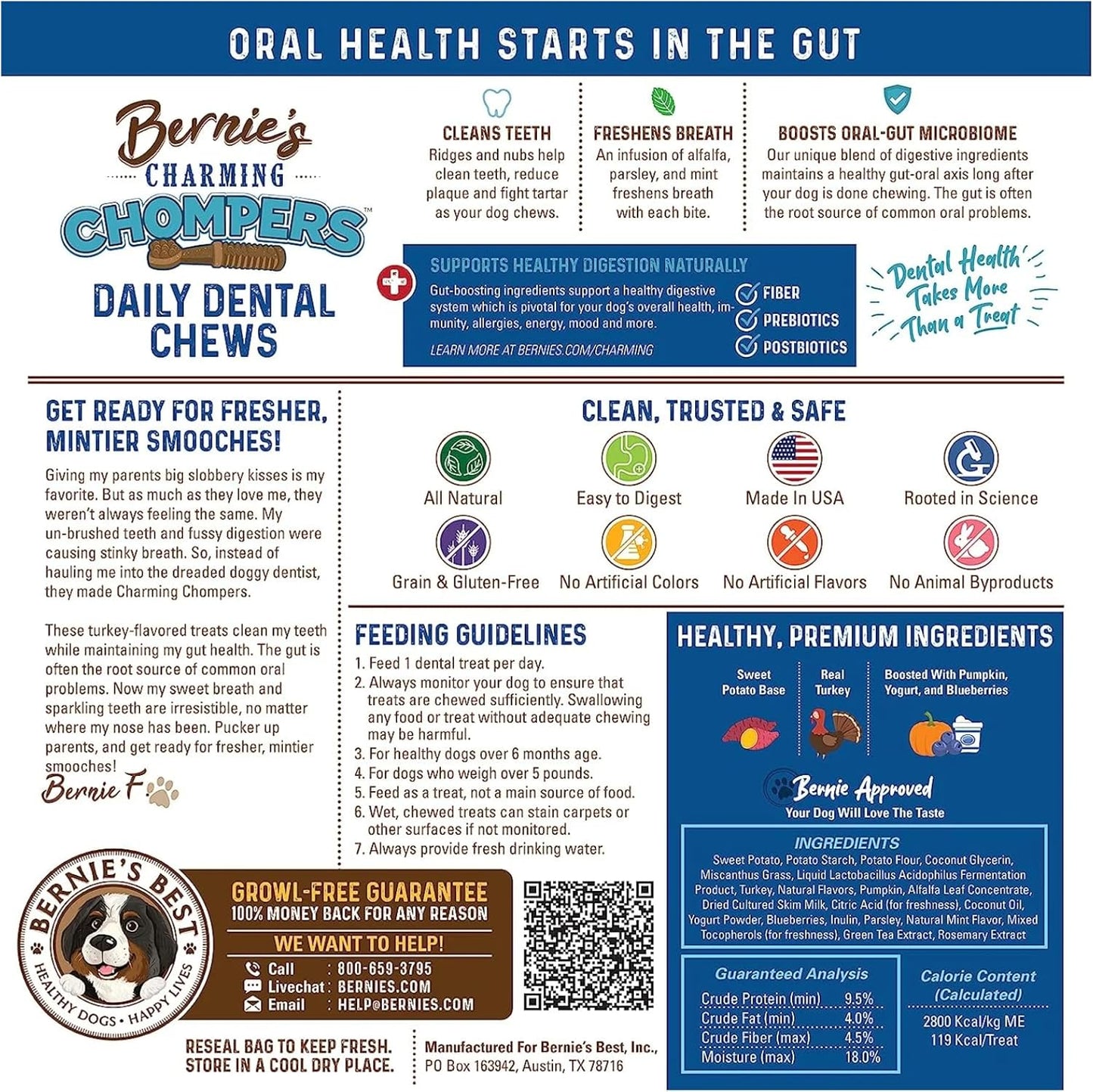 Bernie's Charming Chompers - Daily Dental Chews for Dogs 15-25 Lbs. - 30 Count - Cleans Teeth, Freshens Breath, + Boosts Oral-Gut Microbiome. Easy to Digest, Supports Healthy Digestion Naturally