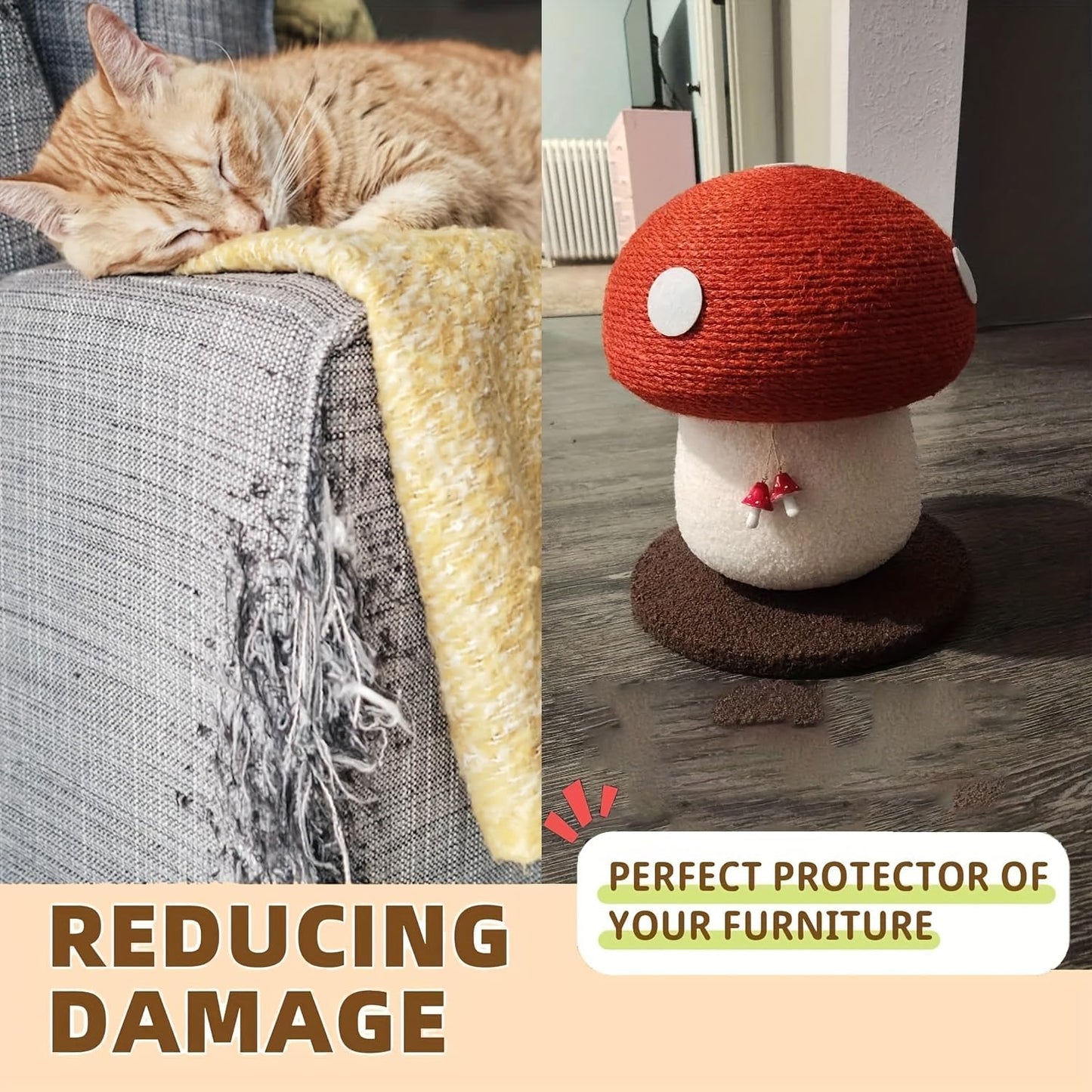 Mushroom Cat Scratcher, Cute Cat Scratching Post, Durable Sisal Rope Cat Scratching Board, Kitten Tree, Cat Toy for Cats to Play and Care for Their Claws, No Assembly Required