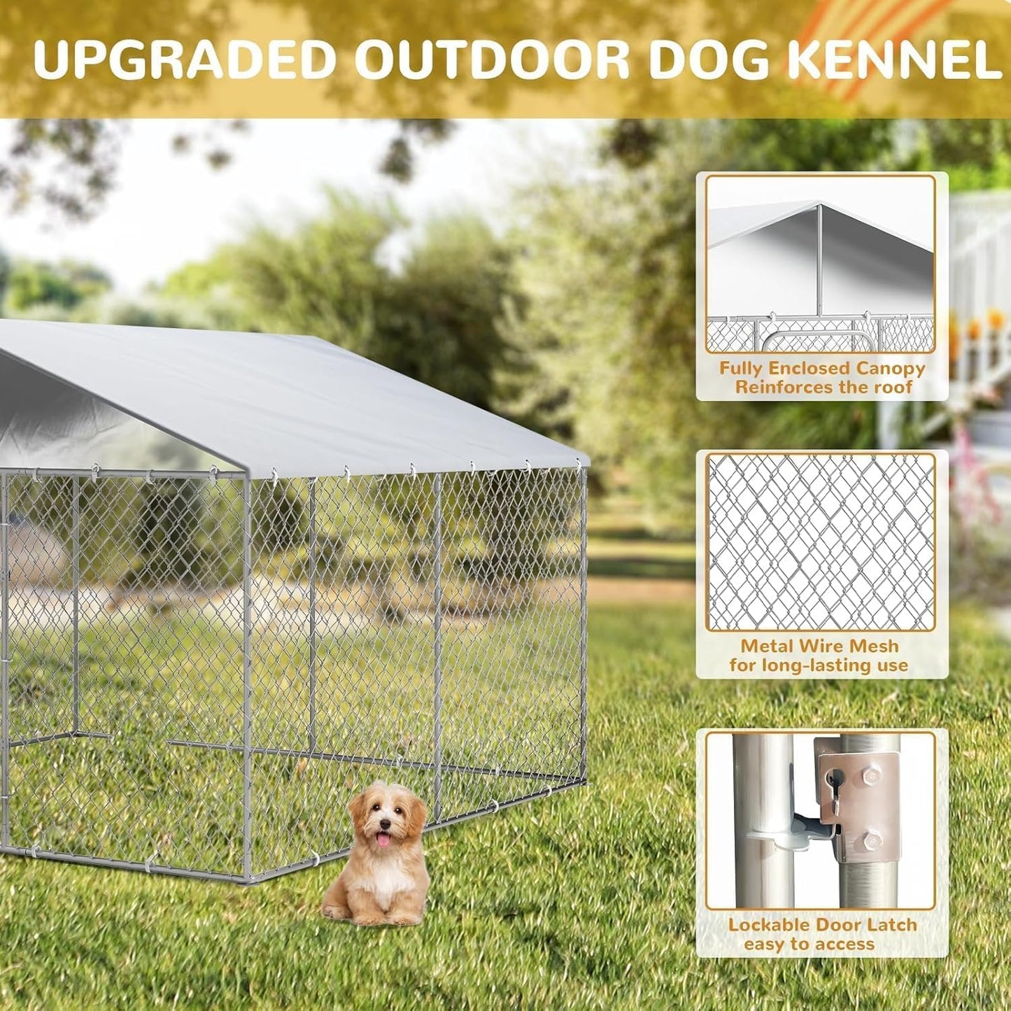 Outdoor Dog Kennel with Cover, Large Dog Run Fence House Big Cage Pen Enclosure, Heavy Duty Dogs Play Cage Pen Kennel (118" L x 118" W x 83" H)