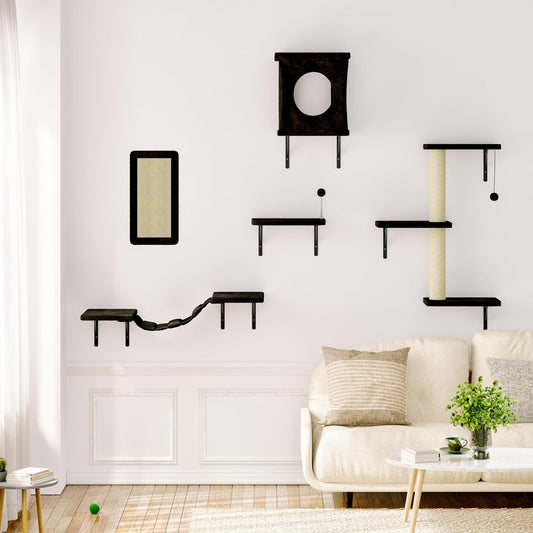 NUNU LAB Wall Mounted Cat Furniture, 5 Pcs Cat Wall Shelves with House, Bridge, Steps, Scratching Post, Shelves, Indoor Safe & Stable Furniture for Kittens Play, Black