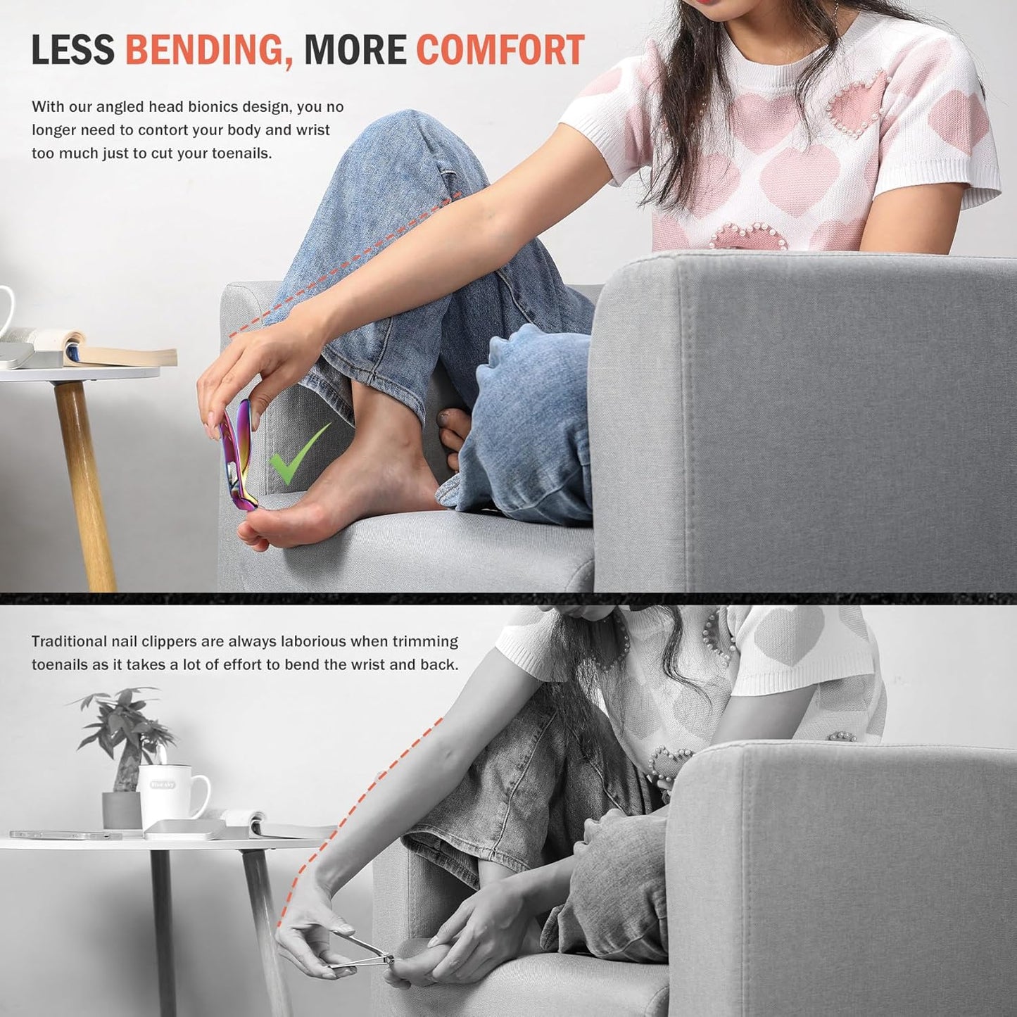 BEZOX Ergonomic Angled Head Thick Toenail Clipper for Seniors - Large Nail Clippers for Thick and Ingrown Nails with Metal Nail File, Premium Nail Cutter Fingernail Clipper for Men and Women - Rainbow