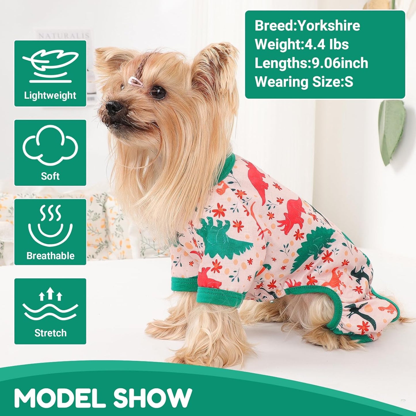 Dog Pajamas Small Sized Dogs Stretchable Summer Dog Clothes Pjs 4 Legs Girl Boy Cute Soft Puppy Outfits Doggie Cat Jammies Jumpsuit Sleeper for Pet, Dinosaur, M