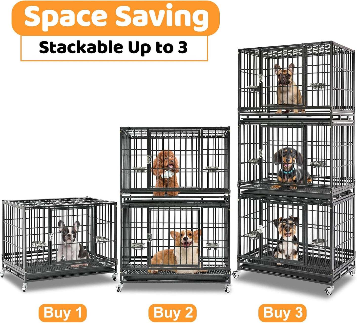 Homey Pet 37 inch Stackable Heavy Duty Dog Crate, Indestructible Escape Proof Dogs Cage Kennel with Lockable Wheels, Removable Tray & Metal Grid, Double Doors for High Anxiety Medium/Small Dogs