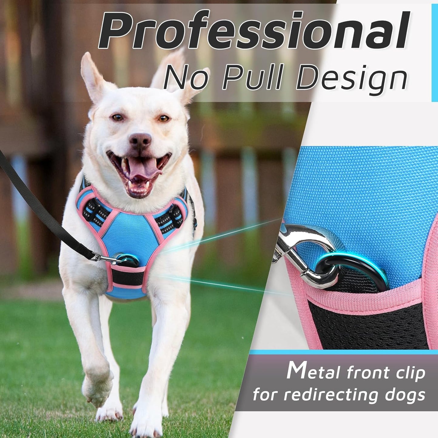 Eagloo Dog Harness for Large Dogs, No Pull Service Vest with Reflective Strips and Control Handle, Adjustable and Comfortable for Walking, No Choke Pet Harness with 2 Metal Rings, Pink & Blue, XL
