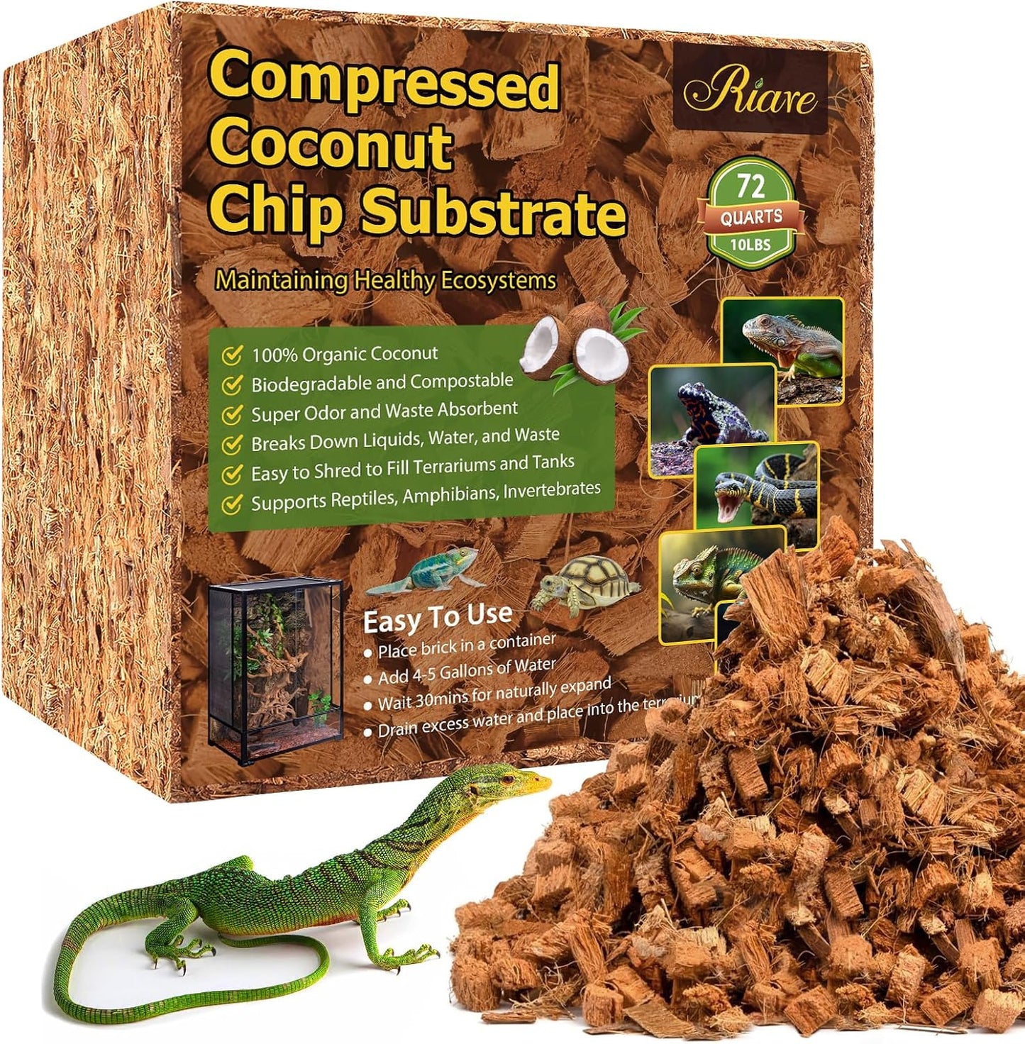 Riare 10LB Coconut Chip Substrate for Reptiles, 72 Quart Coconut Fiber Substrate Coco Chips Substrate Coconut Husk Bedding for Snakes, Tortoises, Ball Python, Bearded Dragon, Geckos, Lizards, Frogs