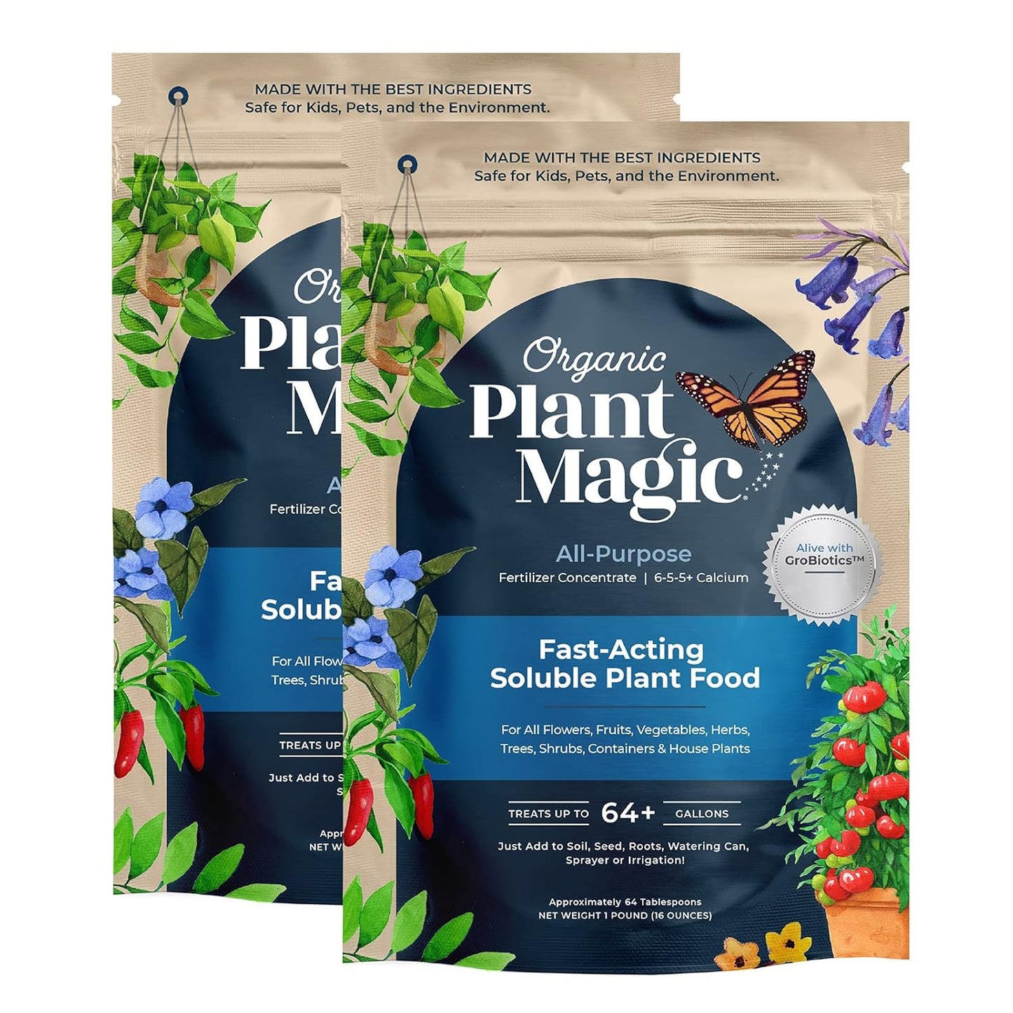 Organic Plant Magic - Truly Organic™ Fast-Acting Soluble Plant Food: All-Purpose Fertilizer Concentrate for All Flower Vegetable Herb Fruit Tree Shrub Container Garden & House Plants [Two 1 lb Bags]