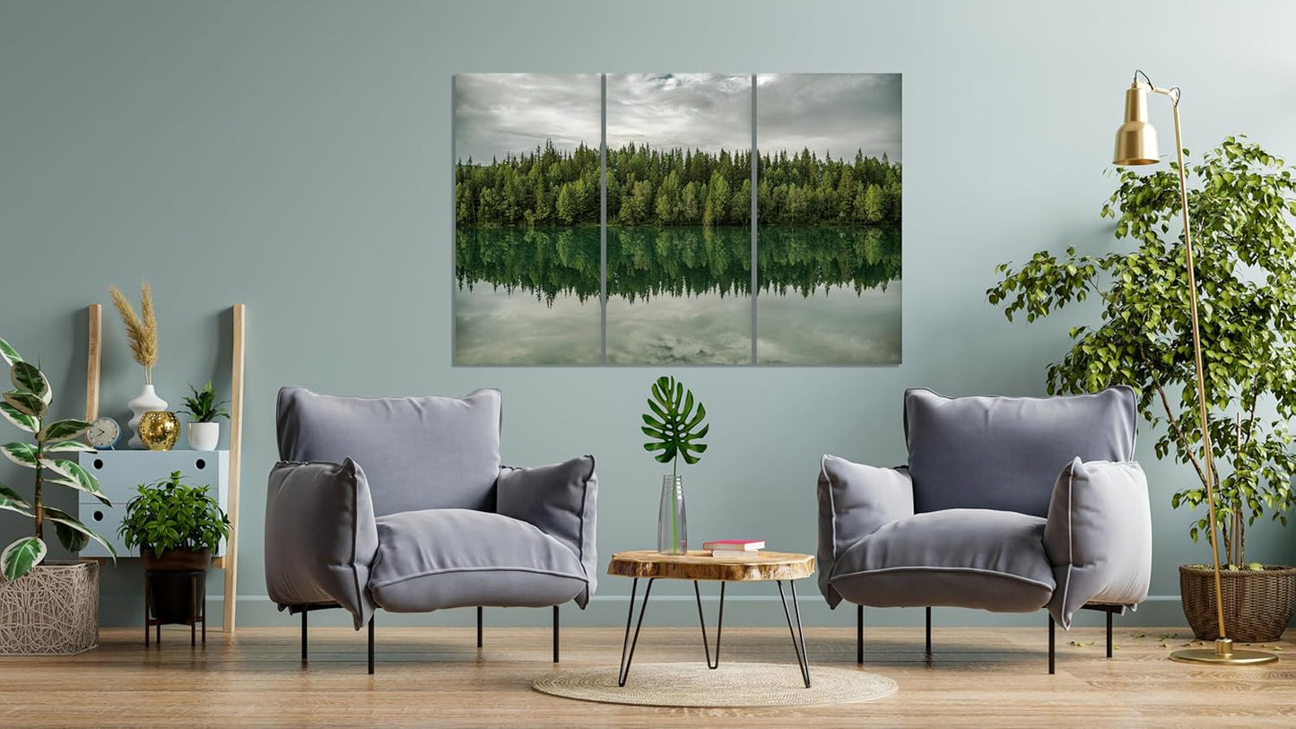 Nature Wall Art Prints - Ocean Forest Mountain Lake Canvas Landscapes - Small to Extra Large Living Room Bedroom Kitchen Bathroom Décor (Forest Reflection, 39L" x 59W" - 3 Panels)