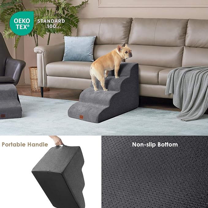 EHEYCIGA Curved Dog Stairs Ramp for High Beds 19.7" H, 4-Step Dog Steps for Small Dogs and Cats, Pet Stairs for High Bed Climbing, Non-Slip Balanced Pet Step Indoor, Grey