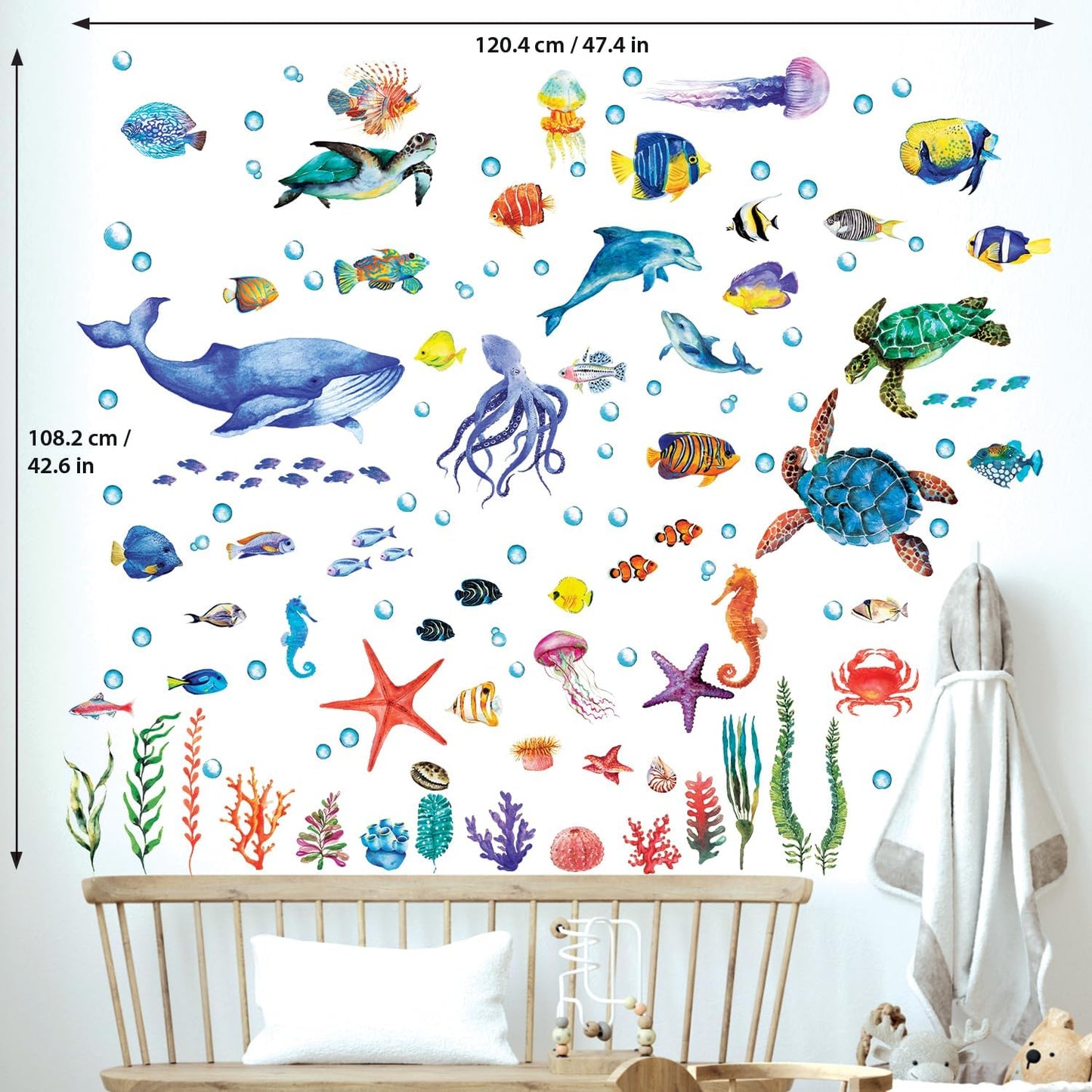 BASHOM DS12-8048 128 Pieces Under The Sea Wall Decals Ocean Fish Stickers Turtle Jellyfish Seaweed Removable for Kids Bedroom Nursery Living Room Home Art Decor Bathroom Baby