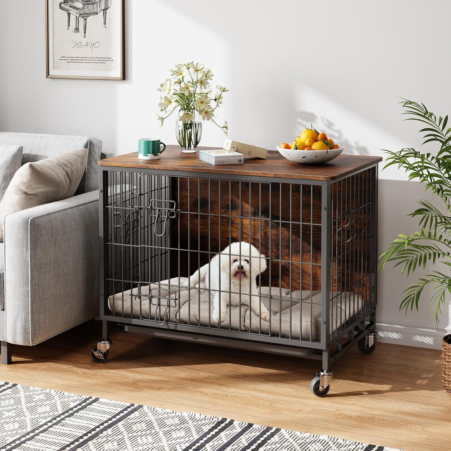 Dog Crate Furniture, 27.2" Small Dog Kennel Wooden Dog Crate with Pull-Out Tray, Double Doors, Modern End Table for Small/Medium Dogs, Grey