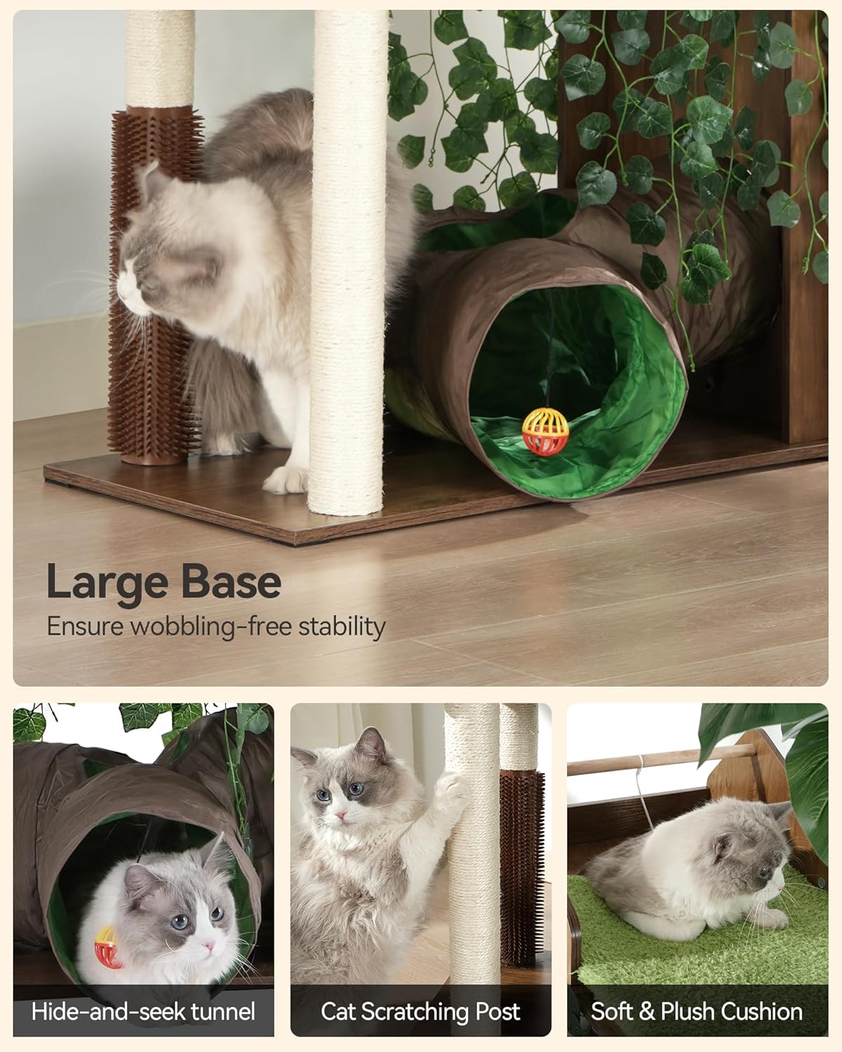 FourFurPets Large Cat Tree with Leaves, 72.8-Inch Cat Tower for Indoor Cats, Modern Cat Tree with Scratching Post, Large Perch, Tunnels, Swing Ball, Self Groomer, Greige
