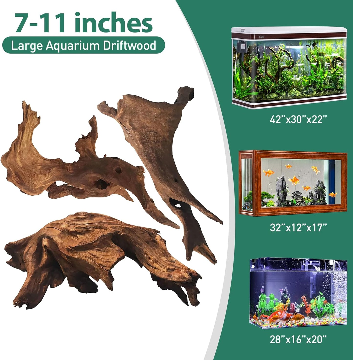 WDEFUN Natural Driftwood for Aquarium Decor, 3-Piece 7''-11'' Large Driftwood for Decorations on Fish Tank, Reptiles Bearded Dragon Accessories or Air Plants