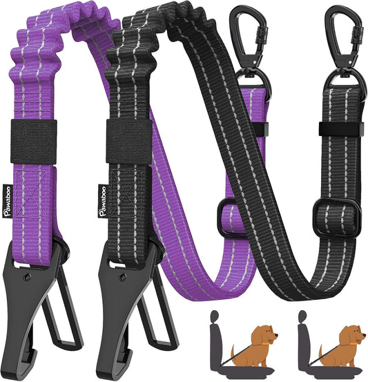Pawaboo 2Pack Dog Seatbelt for Car, Dog Car Seat Belt Bungee, Shockproof Dog Tether for Car with Buckle & Hook Latch, Adjustable Reflective Dog Car Harness Leash with 360° Lockable Buckle, Purple