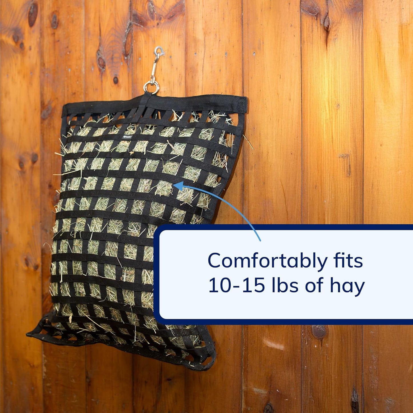 SmartEquine Slow Feed Hay Bag for Horses | Hay Feeder Net with Resistant Nylon | Gator Mouth Enclosure for Easy Loading | Fits 10-15 lbs of Hay | 4 Flakes Bag | 37" x 30" | Black | 1.5" Holes