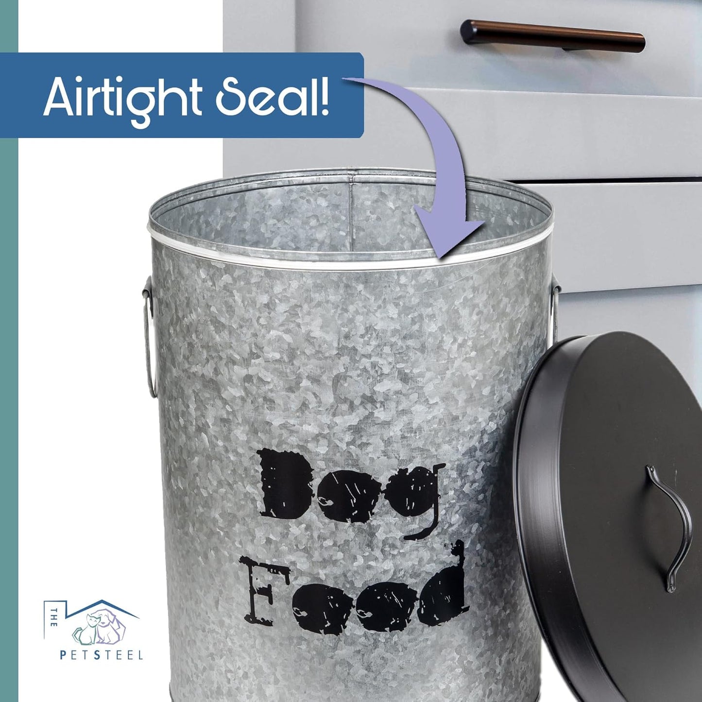 Medium 30lb Cat & Small 20lb Dog Pet Food Storage Canister with Scoop – Durable & Airtight for Freshnesss, Minimalist Design & Recyclable, Medium Metal Container(Combo - Small Dog Bin & Med Cat Bin)