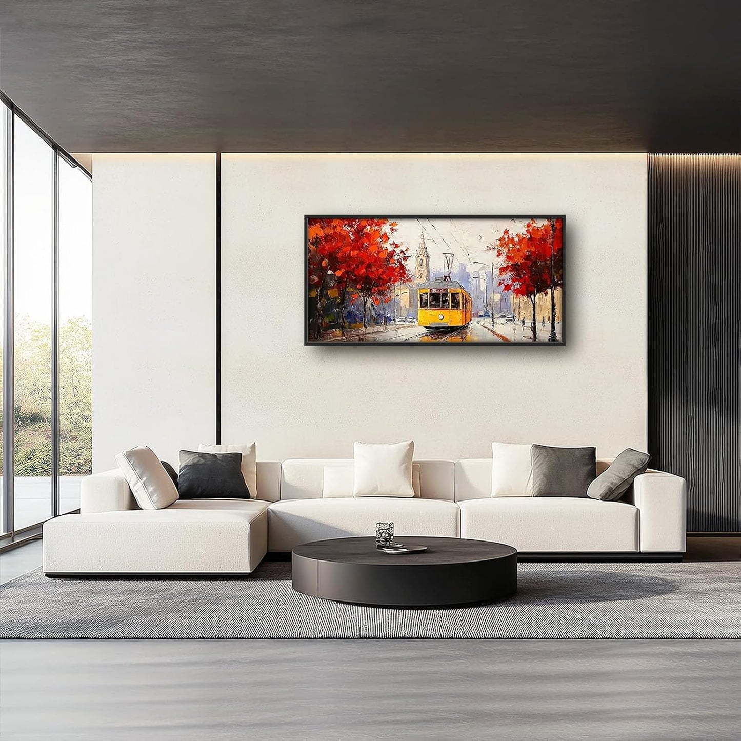 Large Cityscape Wall Art for Living Room, Framed Oversized Urban Tram Wall Decor Tree Landscape Canvas Painting Modern Artwork for Living Room Bathroom Bedroom Office Dining Room 60"x30"