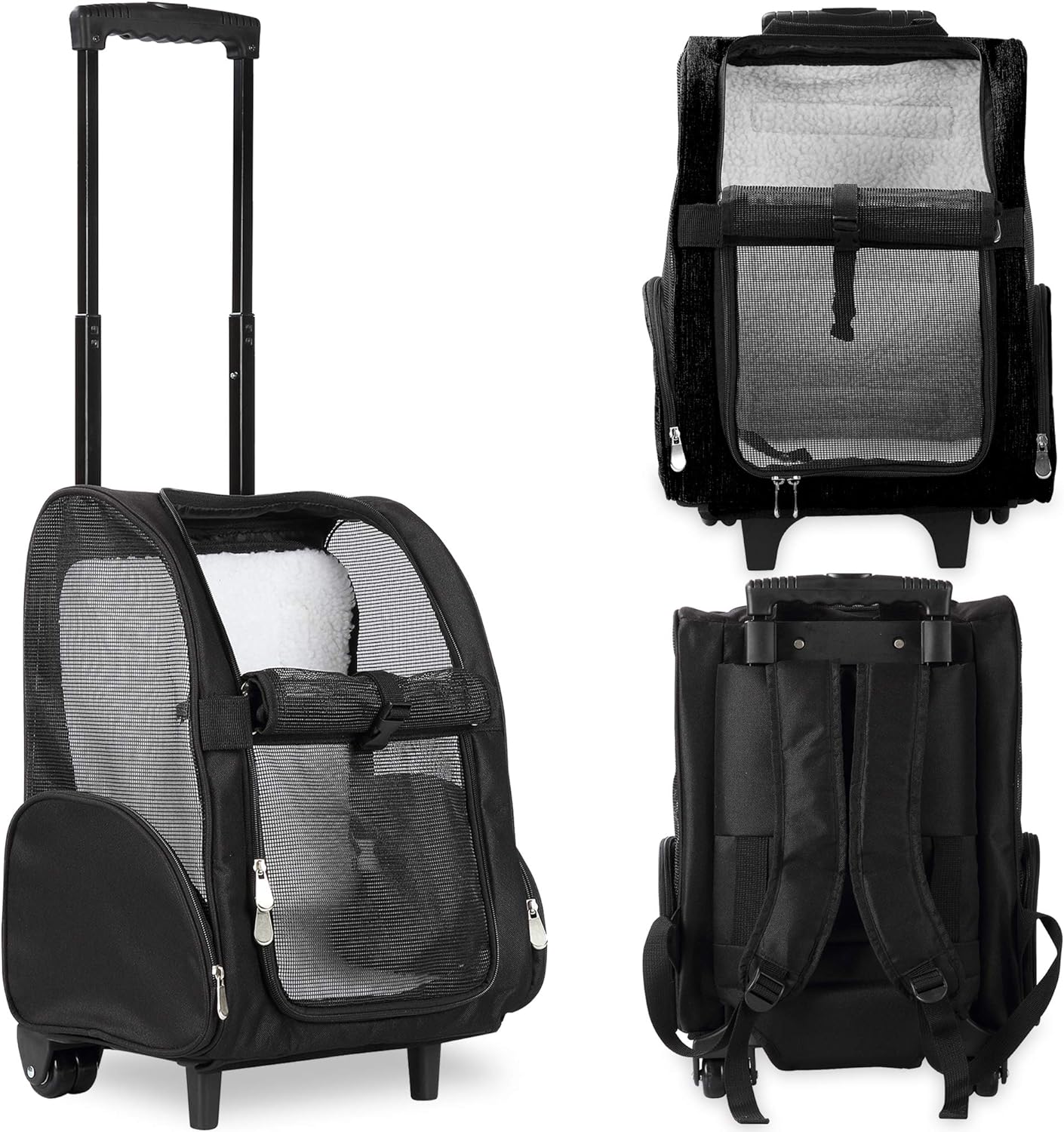 KOPEKS Deluxe Backpack Pet Travel Carrier with Double Wheels for Pets up to 10 Pounds - Black - Approved by Most Airlines