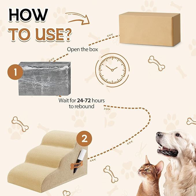 Romrol Dog Stairs Ramp for Beds Couches, Extra Wide Pet Steps with Durable Non-Slip Waterproof Fabric Cover, Dog Slope Stairs for Small Dogs and Cats or Pets Friendly, 3-Tiers, 13 Inch,Beige