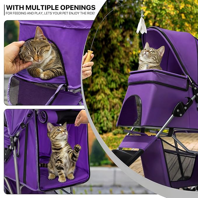 MoNiBloom 3 Wheels Pet Dog Cat Stroller for Small Medium Dogs Cats, Lightweight Foldable Jogger Stroller w/Storage Basket and Cup Holder, Purple