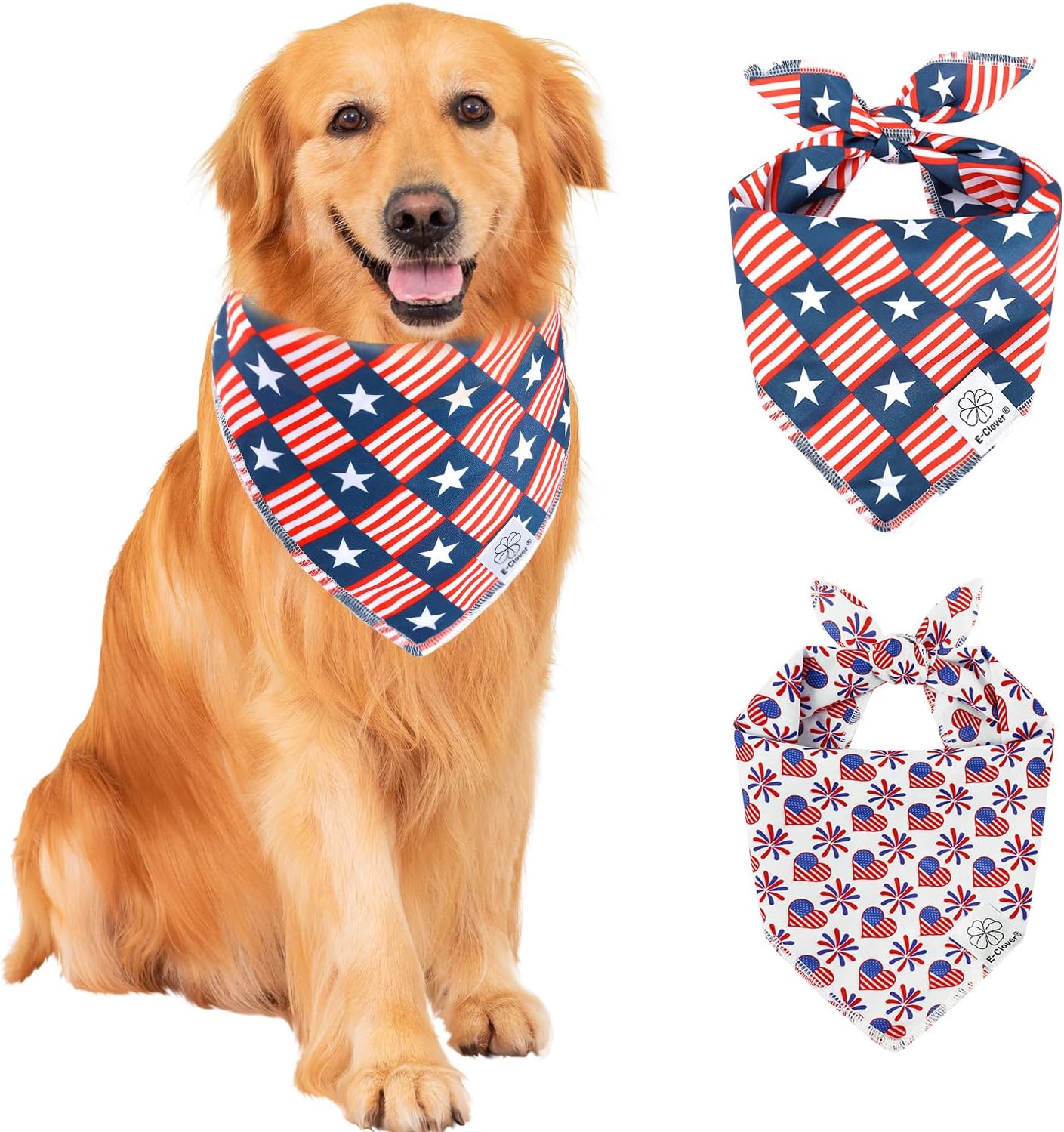E-Clover 4th of July Dog Bandanas 2 Pack American Flag Pet Patriotic Scarf for Boy and Girl Cute Dog Costumes Accessories for Medium Large Dogs