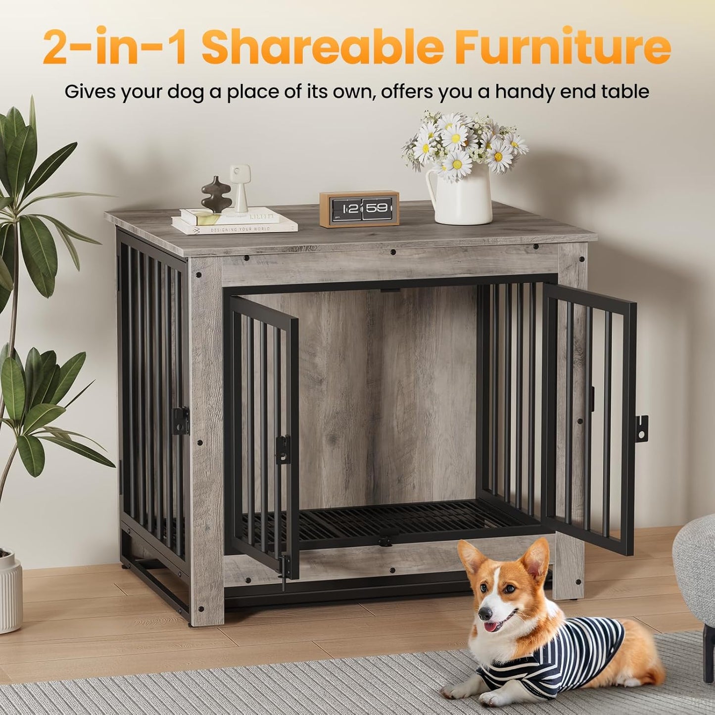 Dog Crate Furniture, Dog Crate End Table for Small and Medium Dogs,Wooden Cage Kennel Furniture Indoor, Modern Dog Crate with Multi-Purpose Removable Tray, Double-Doors Dog Furniture, Greige