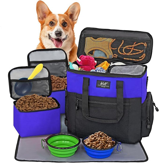 WOLT Dog Travel Bag Dog Bag for Traveling and Supplies with 2 Collapsible Bowls, 2 Food Containers, 1 Place Mat, Blue