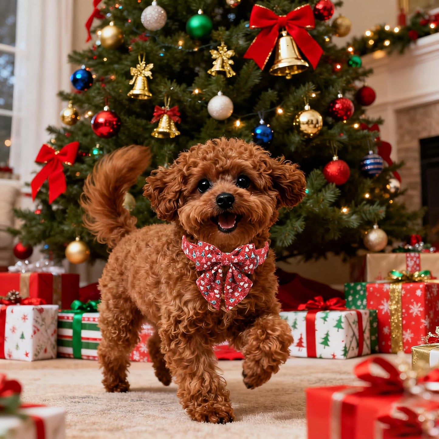 Lionet Paws Christmas Dog Collar with Sailor Bow, Cute Christmas Tree Red Dog Collar Bow Tie for Large Dogs, Neck 16-24 inches