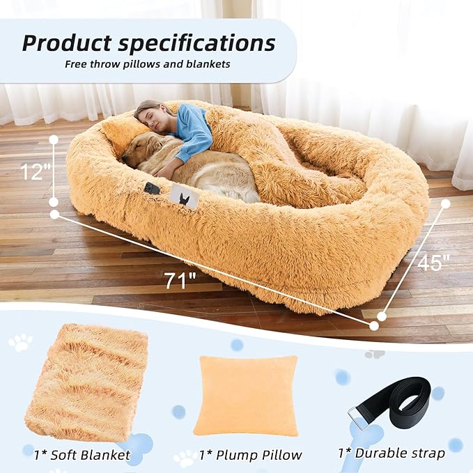 Human Dog Bed, 71''x45''x12'' Size Fits You and Pets, Washable Faux Fur Pet Bed for People Doze Off, Napping Orthopedic Dog Bed, Present Plump Pillow, Blanket, Strap - Pumpkin