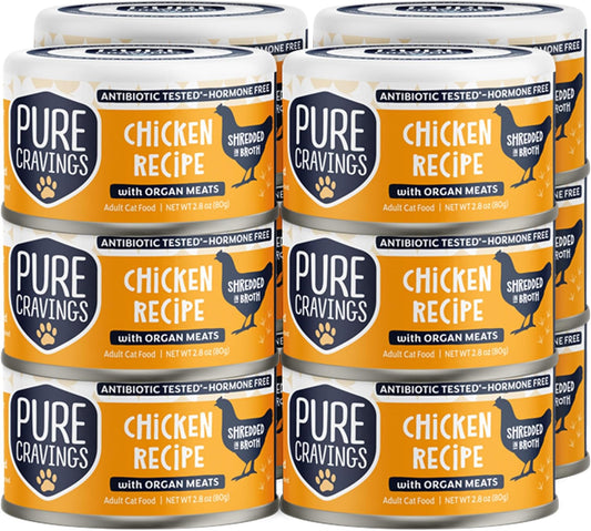 Chicken Recipe in Broth, Shredded Wet Cat Food, Grain-Free Protein, Non-GMO, 12 Pack