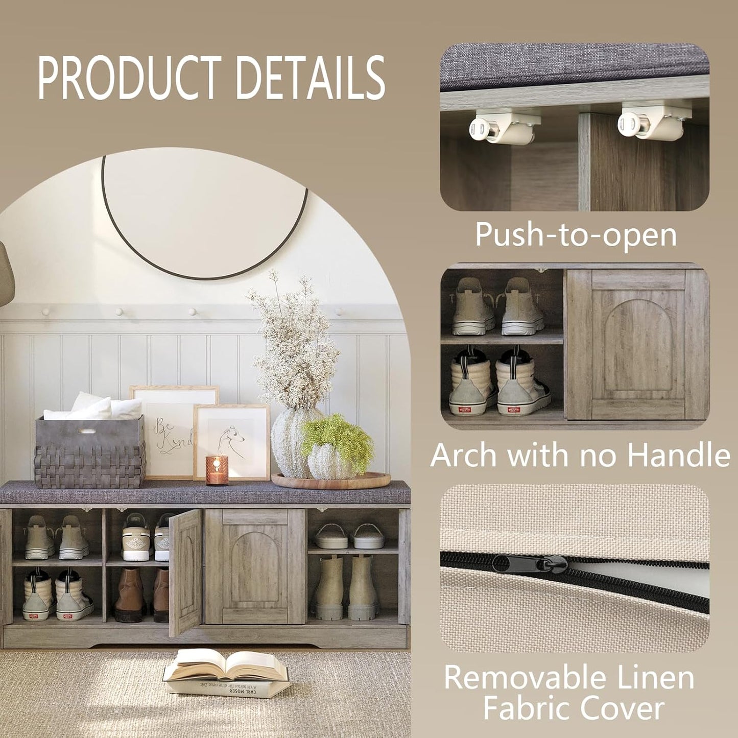 DINZI LVJ Shoe Bench, Entryway Storage Bench with Doors, Cushion, 2-Tier Shoe Rack with 8-Cubby, 47.2”L x 13.8”W Shoe Organizer Cabinet, Adjustable Shelf, Living Room, Bedroom, Gray Wash