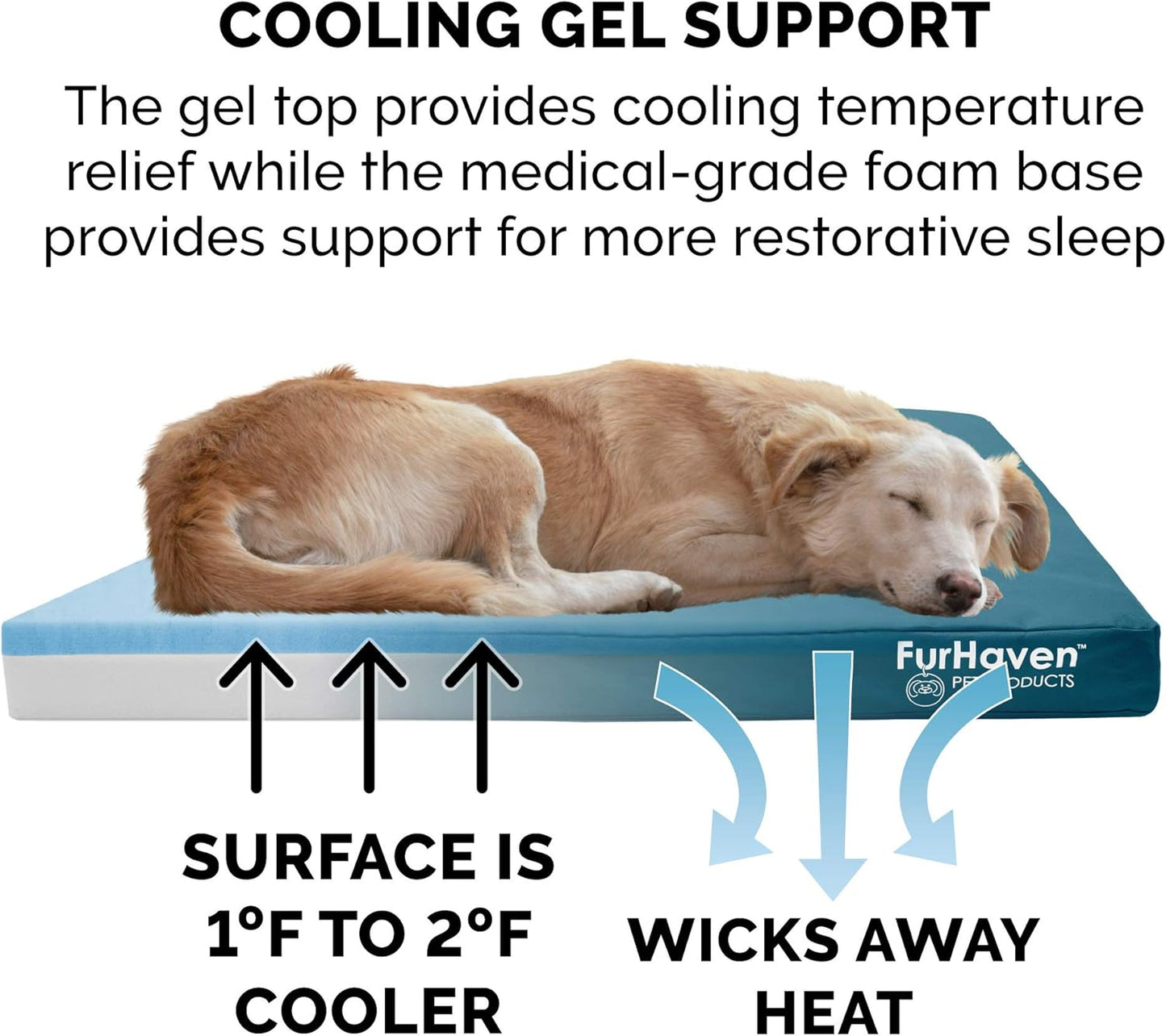 Furhaven Water-Resistant Cooling Gel Dog Bed for Large Dogs w/ Removable Washable Cover, For Dogs Up to 95 lbs - Indoor/Outdoor Logo Print Oxford Polycanvas Mattress - Deep Lagoon, Jumbo/XL